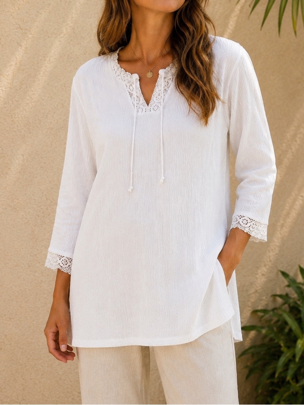 Penmans White Textured Lace Trim Peasant Blouse Women’s Large